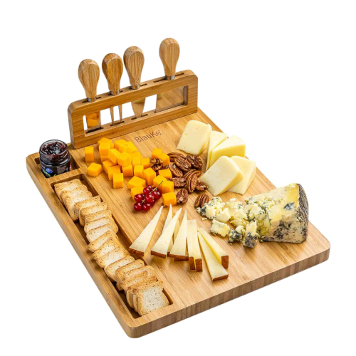 Bamboo Cheese Board and Knife Set - 14x11" Charcuterie Board with 4 Cheese Knives