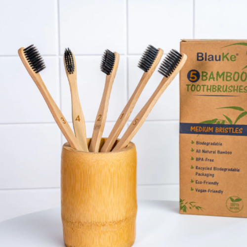 Bamboo Toothbrush Set With Medium Charcoal Bristles (5 Pack) - Eco-Friendly & Biodegradable