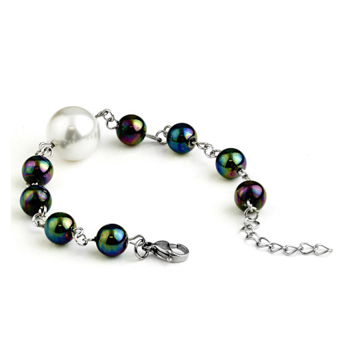 White Shell Pearl And Multicolor Glass Bead Stainless Steel Bracelet