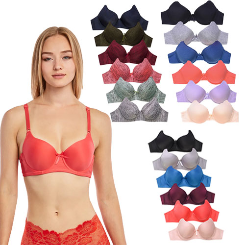  Ladies Full Cup Plain Bra W/ Lace Trim At Neckline 6 Pack