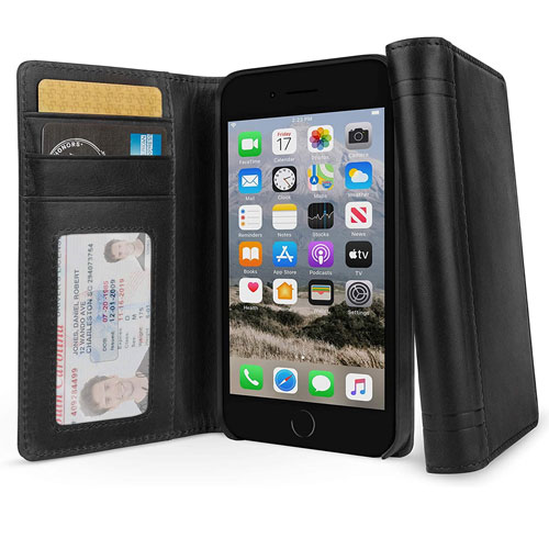 Journal for iPhone SE 2nd Gen, 8/7/ 6, Full Grain Leather Wallet Folio Case And Display Stand Black