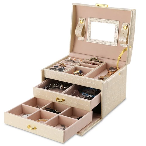 Jewelry Case Organizer 3-layer Lockable Travel Jewelry Box PU Leather Storage Display Case With Mirr