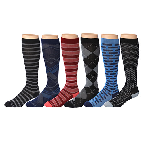 6-Pairs: Rexx Men's Patterned Knee-High Compression Socks