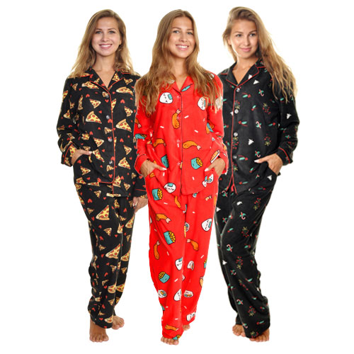 Cozy Fleece Notch Collar Pajama Set with Pockets